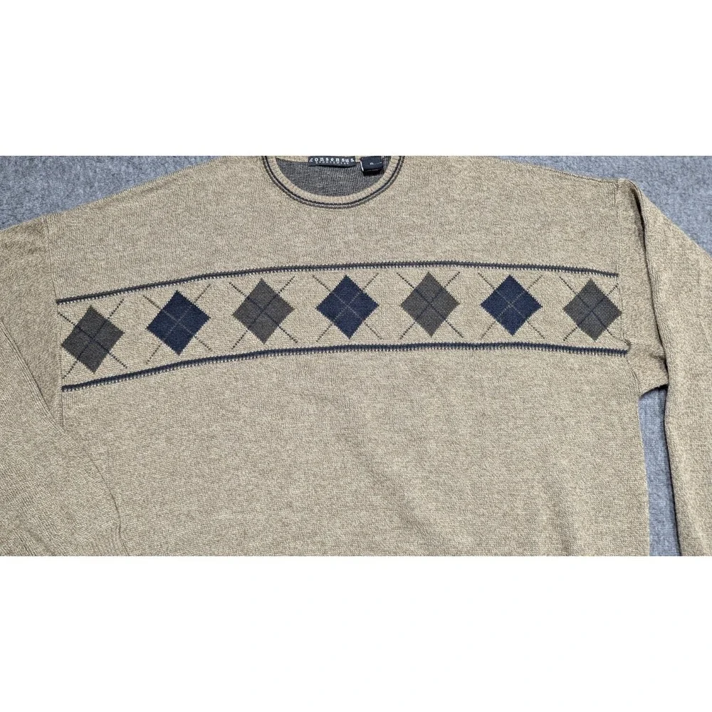 Vtg Sweater Mens Extra Large Tan Y2K‎ Wool Blend Grandpa Argyle Retro Crewneck